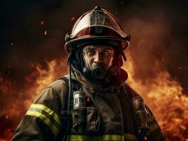 Courageous male firefighter fearlessly confronts the blazing inferno AI Generative photo