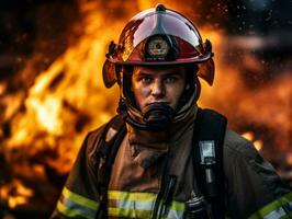 valiente masculino bombero sin miedo confronta el flameante infierno ai generativo foto