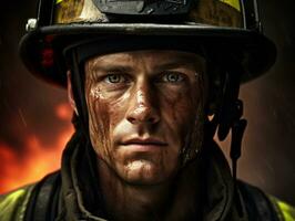 Courageous male firefighter fearlessly confronts the blazing inferno AI Generative photo