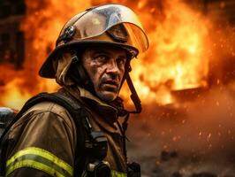 valiente masculino bombero sin miedo confronta el flameante infierno ai generativo foto