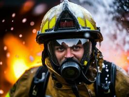 valiente masculino bombero sin miedo confronta el flameante infierno ai generativo foto