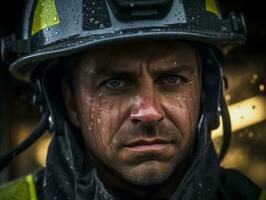 Courageous male firefighter fearlessly confronts the blazing inferno AI Generative photo