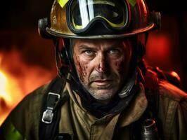 Courageous male firefighter fearlessly confronts the blazing inferno AI Generative photo