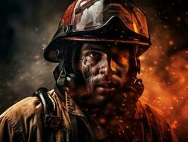 Courageous male firefighter fearlessly confronts the blazing inferno AI Generative photo