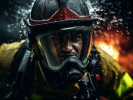 Courageous male firefighter fearlessly confronts the blazing inferno AI Generative photo