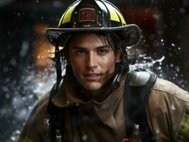 Courageous male firefighter fearlessly confronts the blazing inferno AI Generative photo