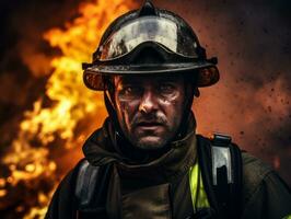 Courageous male firefighter fearlessly confronts the blazing inferno AI Generative photo