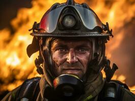 valiente masculino bombero sin miedo confronta el flameante infierno ai generativo foto