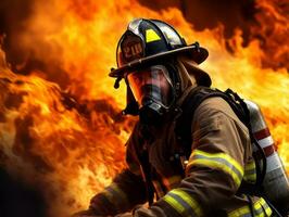 valiente masculino bombero sin miedo confronta el flameante infierno ai generativo foto