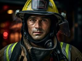 valiente masculino bombero sin miedo confronta el flameante infierno ai generativo foto