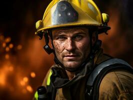 Courageous male firefighter fearlessly confronts the blazing inferno AI Generative photo