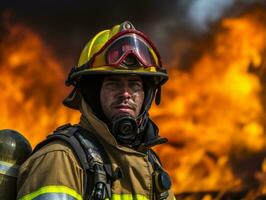 valiente masculino bombero sin miedo confronta el flameante infierno ai generativo foto