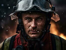 Courageous male firefighter fearlessly confronts the blazing inferno AI Generative photo