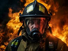 valiente masculino bombero sin miedo confronta el flameante infierno ai generativo foto