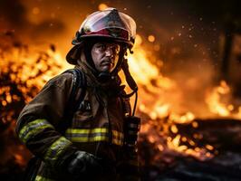 valiente masculino bombero sin miedo confronta el flameante infierno ai generativo foto