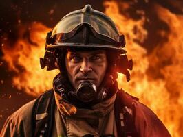 Courageous male firefighter fearlessly confronts the blazing inferno AI Generative photo