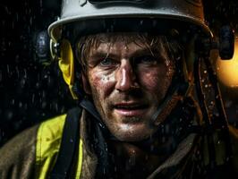 valiente masculino bombero sin miedo confronta el flameante infierno ai generativo foto