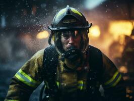 Courageous male firefighter fearlessly confronts the blazing inferno AI Generative photo