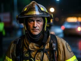 Courageous male firefighter fearlessly confronts the blazing inferno AI Generative photo