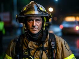 valiente masculino bombero sin miedo confronta el flameante infierno ai generativo foto