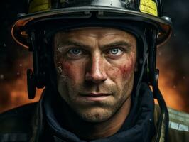 Courageous male firefighter fearlessly confronts the blazing inferno AI Generative photo