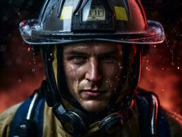 Courageous male firefighter fearlessly confronts the blazing inferno AI Generative photo