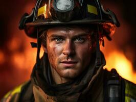 Courageous male firefighter fearlessly confronts the blazing inferno AI Generative photo