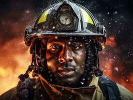 Courageous male firefighter fearlessly confronts the blazing inferno AI Generative photo