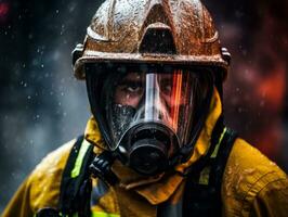 Courageous male firefighter fearlessly confronts the blazing inferno AI Generative photo