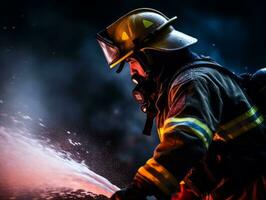 Courageous male firefighter fearlessly confronts the blazing inferno AI Generative photo