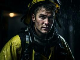 Courageous male firefighter fearlessly confronts the blazing inferno AI Generative photo