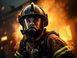 Courageous male firefighter fearlessly confronts the blazing inferno AI Generative photo