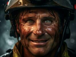 Courageous male firefighter fearlessly confronts the blazing inferno AI Generative photo