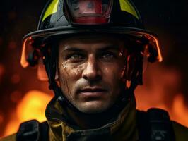 Courageous male firefighter fearlessly confronts the blazing inferno AI Generative photo