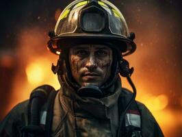 Courageous male firefighter fearlessly confronts the blazing inferno AI Generative photo