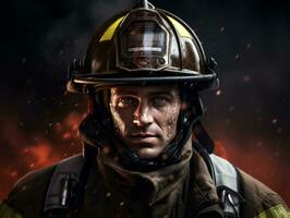 Courageous male firefighter fearlessly confronts the blazing inferno AI Generative photo