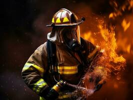 Courageous male firefighter fearlessly confronts the blazing inferno AI Generative photo