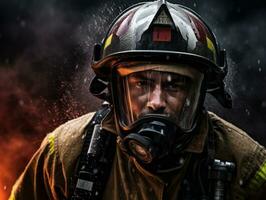 Courageous male firefighter fearlessly confronts the blazing inferno AI Generative photo