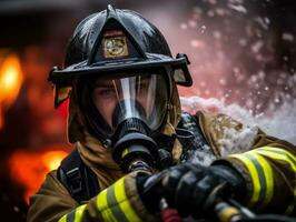 valiente masculino bombero sin miedo confronta el flameante infierno ai generativo foto