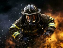 Courageous male firefighter fearlessly confronts the blazing inferno AI Generative photo