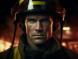 Courageous male firefighter fearlessly confronts the blazing inferno AI Generative photo