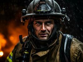 valiente masculino bombero sin miedo confronta el flameante infierno ai generativo foto