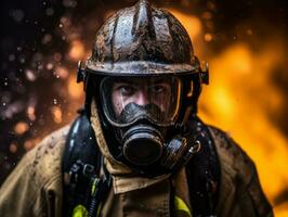 Courageous male firefighter fearlessly confronts the blazing inferno AI Generative photo