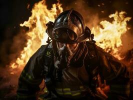 valiente masculino bombero sin miedo confronta el flameante infierno ai generativo foto