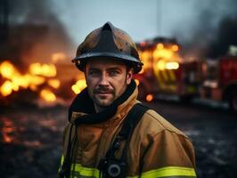 valiente masculino bombero sin miedo confronta el flameante infierno ai generativo foto