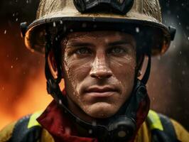 Courageous male firefighter fearlessly confronts the blazing inferno AI Generative photo