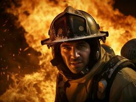 valiente masculino bombero sin miedo confronta el flameante infierno ai generativo foto