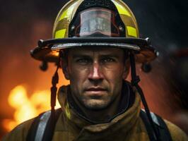 valiente masculino bombero sin miedo confronta el flameante infierno ai generativo foto