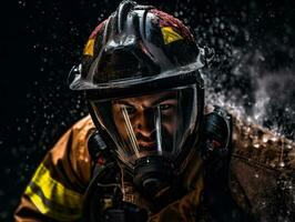 valiente masculino bombero sin miedo confronta el flameante infierno ai generativo foto