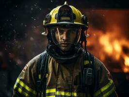 valiente masculino bombero sin miedo confronta el flameante infierno ai generativo foto